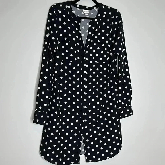 MERONA BLACK AND WHITE POLKA DOT SHIRT DRESS SIZE MEDIUM BUTTON DOWN LONG SLEEVE - Picture 2 of 10